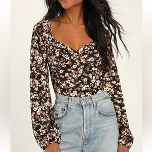 Lulu's Black Floral Bodysuit